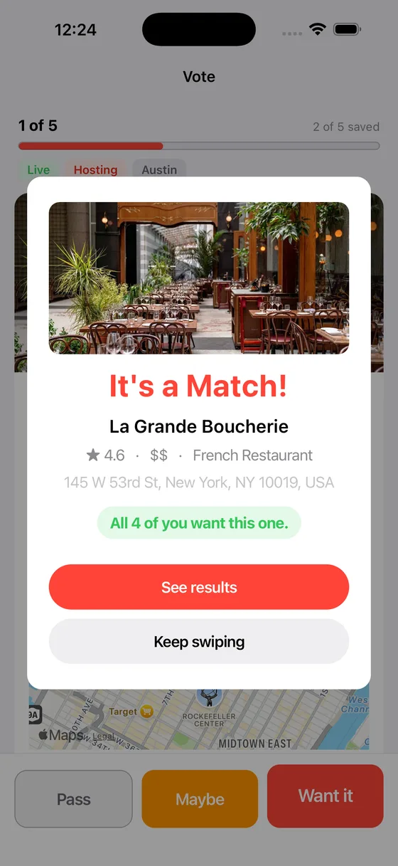 The iPhone app celebrating a match the whole group wants