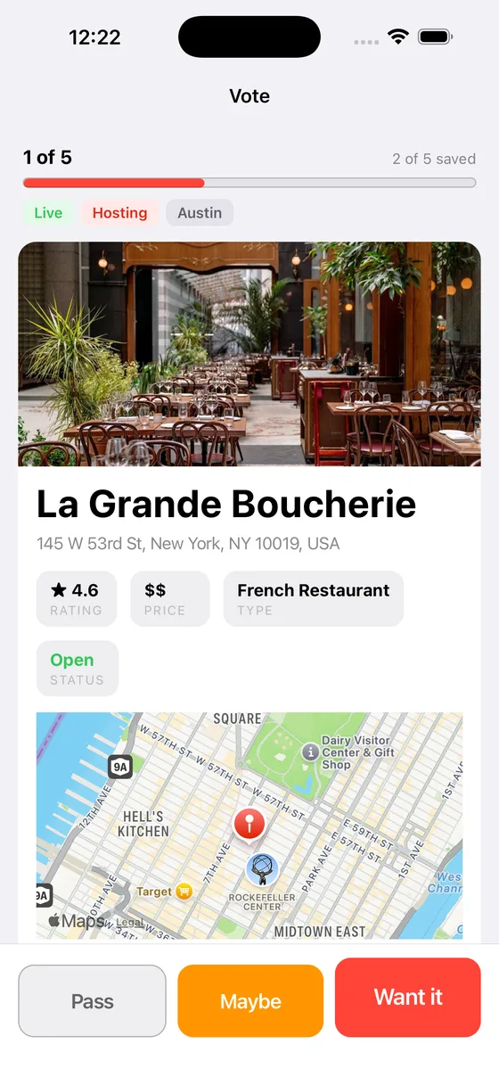 The iPhone app showing a restaurant card ready to swipe